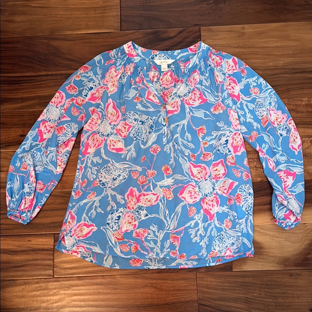 Lilly Pulitzer Elsa Silk Blue and Pink Floral Blouse